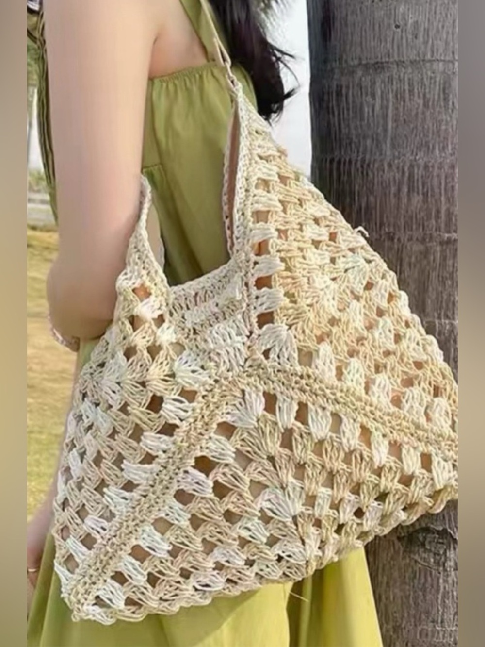 The “Solstice” Woven Crochet Straw Hobo Bag | Beige - Picture 2 of 6
